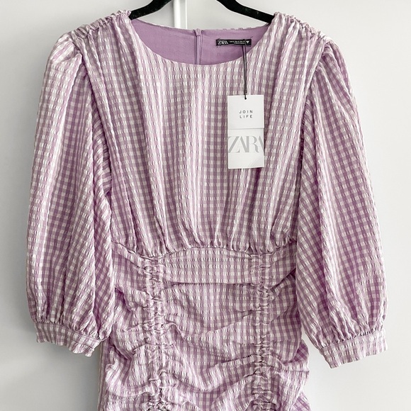 ZARA Blogger Lilac Gingham Ruched Mini Dress - Picture 7 of 16